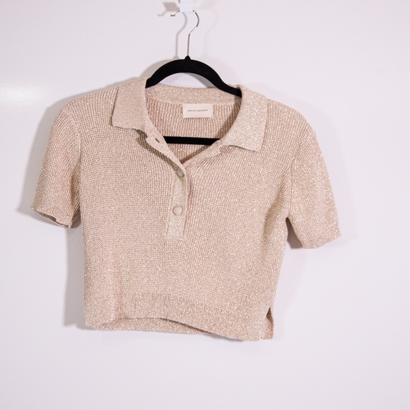 Alexandra Golovanoff Metallic Gold Sparkle Short Sleeve Collared Polo Sweater XS